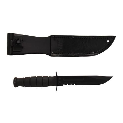 Short Fighting-Utility Knife, Black - 1 1-4" Serrated Edge w-Leather Sheath