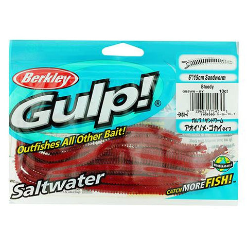 Gulp! Sandworm Soft Bait - 6" Length, Bloody, Per 10