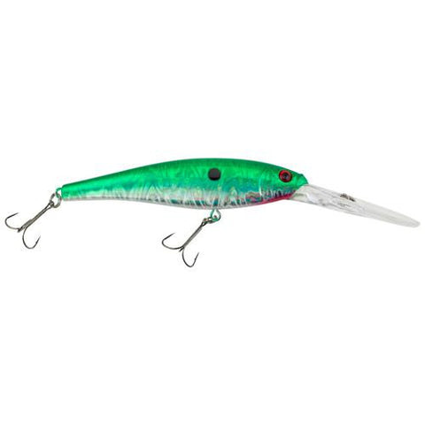 Flicker Minnow Pro Slick Hard Bait - 3" Length, 14'-17' Swimming Depth, 2 Hooks, Slick Green Pearl, Per 1