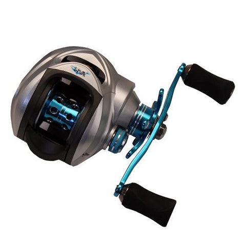 Wright & McGill Sabalos Bait Casting Reel - Low Profile, 6.3:1 Gear Ratio, 9+1 Bearings, Silver-Blue, Rihjy Hand