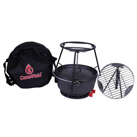 Combo Set - 12" Oven-Lid Lifter-Flip Grill-Charcoal-Wood Holder Heat Source-Kick Stand-Stand