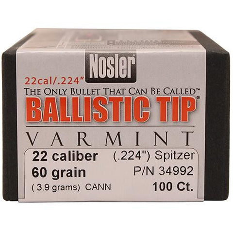 22 Caliber Bullets - Ballistic Tip Varmint, 60 Grains, Spitzer Boat Tail, Per 100