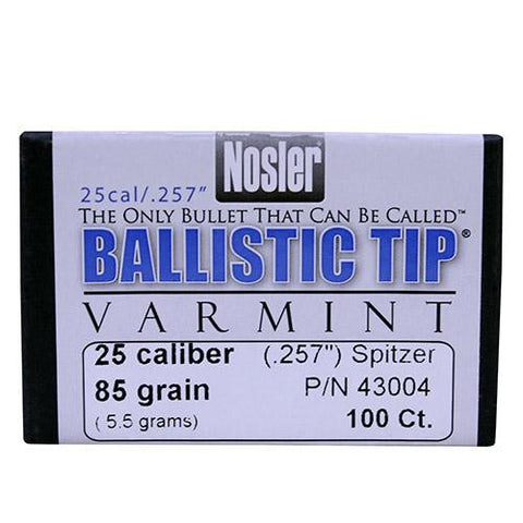 25 Caliber Bullets - Ballistic Tip Varmint, 85 Grains, Spitzer Boat Tail, Per 100